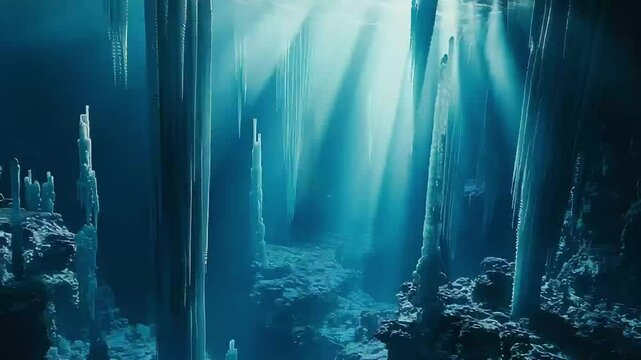 Sunlit underwater icy forest scene footage