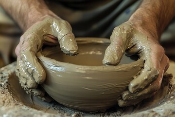 A potter shaping a clay bowl on a spinning wheel with muddy hands in a pottery studio environment close up