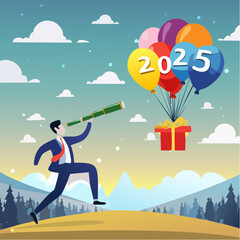 Year 2025 vision, achievement or plan for success, career target or economic forecast, aspiration to work success, new year resolution concept, businessman flying with 2025 balloons with telescop