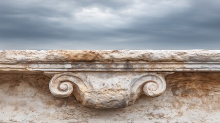 Ionic order capital supporting stone lintel under cloudy sky