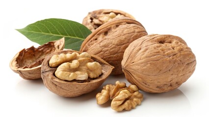 Walnuts Still Life with Shells and Leaf on White, Healthy Food , Nuts