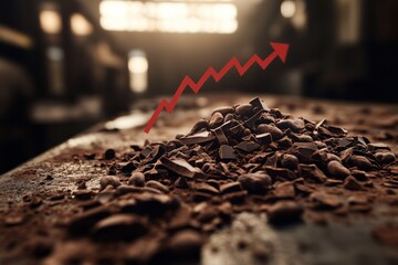 Chocolate price increasing, red arrow pointing up over pile of cocoa beans and chocolate chunks