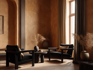 Japandi room with terra-cotta walls, matte black furnishings, minimal fabric drapes, dried flower decor