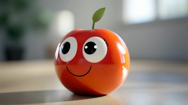 Cute cartoon apple with big eyes and smile on a wooden surface, studio lighting