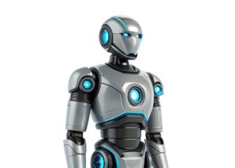 A futuristic silver robot with glowing blue accents standing against a black background in a studio shot