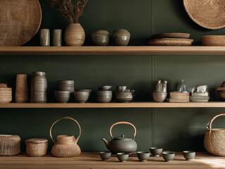 Japandi palette of forest green and mushroom gray, floating wood shelving, clay tea set, woven accents