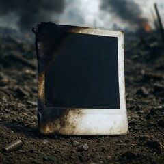Burned instant polaroid photo on battlefield ground.  Damaged instant photo lies among debris and bullet casings. This scorched photograph symbolizes loss and memory in war.