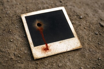 Damaged instant polaroid photo with bullet hole and blood stain on ground.  Old instant photo shows impact of war. This damaged photograph is ideal for military documentaries or war memorials.
