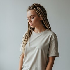 Fototapeta premium Thoughtful Woman with Blonde Dreadlocks and Beige T-Shirt A Portrait of Calm and Contemplation