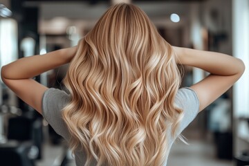 Woman showing long wavy blonde hair in hair salon