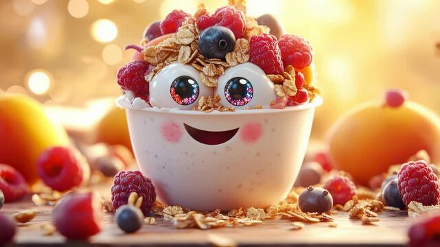 Cute cartoon bowl of cereal with berries and a smiling face, bright and colorful food photography