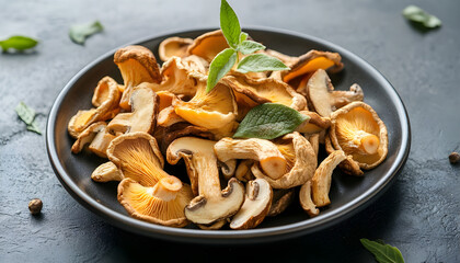Fototapeta premium Plate with tasty dried mushrooms on dark background