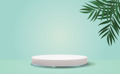 White 3d  pedestal background with realistic  palm leaves for cosmetic product presentation, fashion magazine. Copy space vector illustration.eps