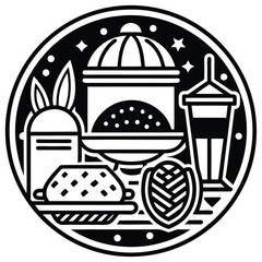 Fast Food Icon Set in Black and White – Burger, Drinks, Desserts, Pizza, and Snacks Vector