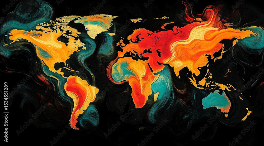 Poster map of the earth with continents surrounded by moving digital data flows and neural networks.