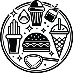 Fast Food Icon Set in Black and White – Burger, Drinks, Desserts, Pizza, and Snacks Vector