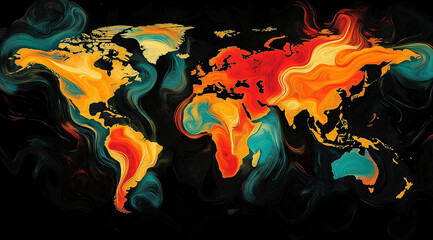 Map of the earth with continents surrounded by moving digital data flows and neural networks.	