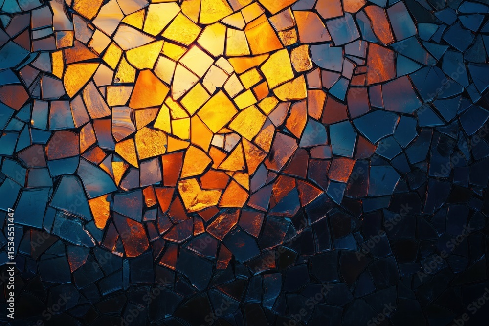 Poster colorful mosaic tiles reflecting golden light creating abstract pattern