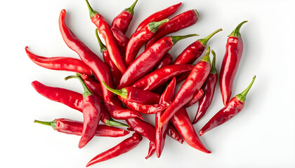 Red cut chili peppers on white background. Top view