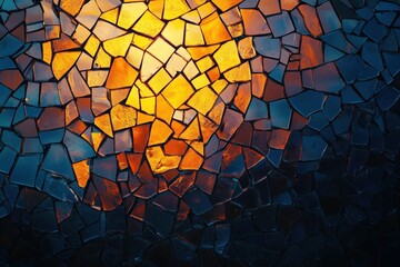 Colorful mosaic tiles reflecting golden light creating abstract pattern
