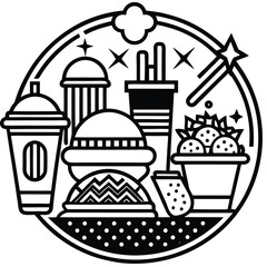 Fast Food Icon Set in Black and White – Burger, Drinks, Desserts, Pizza, and Snacks Vector