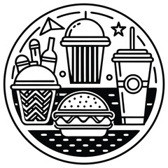 Fast Food Icon Set in Black and White – Burger, Drinks, Desserts, Pizza, and Snacks Vector