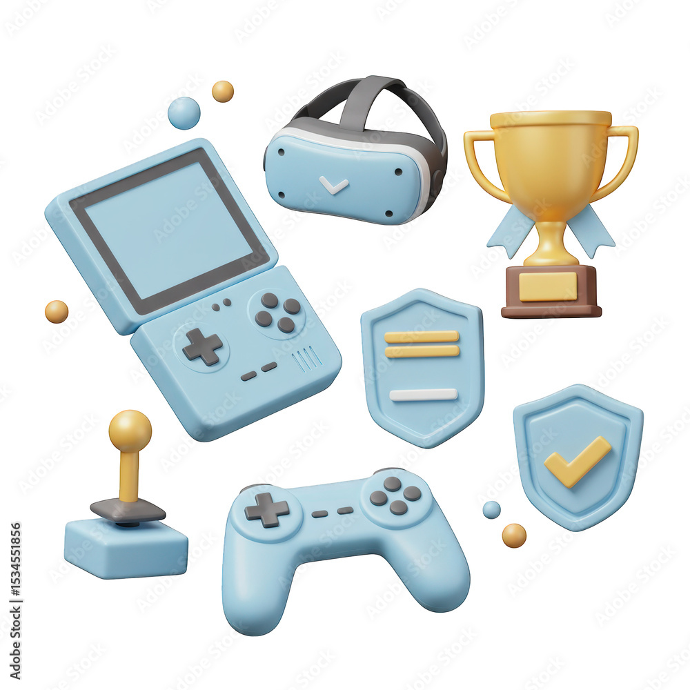 Poster gaming icons set 3d render isolated on transparent background