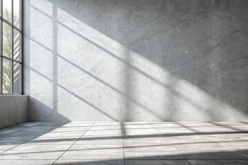 Obraz premium Panoramic abstract grey background for product presentation with sunlight and blurred shadows wall. 