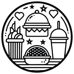 Fast Food Icon Set in Black and White – Burger, Drinks, Desserts, Pizza, and Snacks Vector