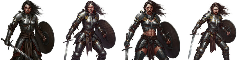 Obraz premium Female Warrior in Armor with Sword and Shield Transparent Background