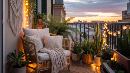 Sleek balcony with modular grey lounge sofa, a coffee table with books and candles, glass railing with a panoramic city view, evening glow