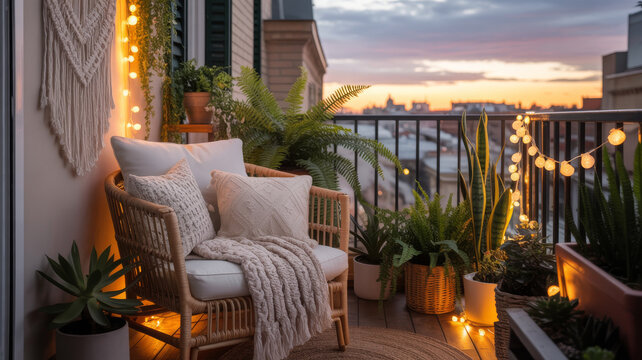 Sleek balcony with modular grey lounge sofa, a coffee table with books and candles, glass railing with a panoramic city view, evening glow