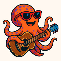 Obraz premium Funny octopus with guitar vector illustration