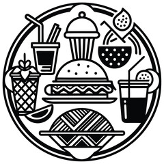 Fast Food Icon Set in Black and White – Burger, Drinks, Desserts, Pizza, and Snacks Vector