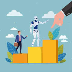 AI Artificial Intelligence help support business success, technology or innovation for new opportunity, invention for business growth concept, business people walking up on robot hand pointing u