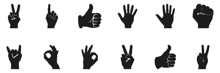 Hand Gesture Silhouettes In Icon Set. Communication And Expression Symbol Collection. Social And Educational Use. Isolated Vector Illustration