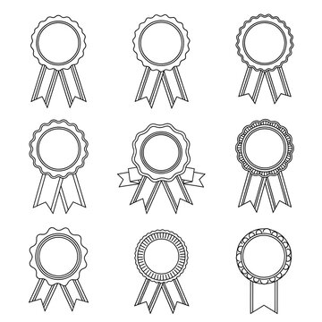 Black outline award rosettes and blank banners Set, isolated white background