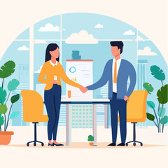 Onboarding new employee, warm welcome to new office, introduce new hire to colleagues, orientation training on first day concept, businessman manager handshake welcome and introduce new staff to tea