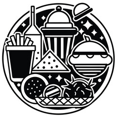 Fast Food Icon Set in Black and White – Burger, Drinks, Desserts, Pizza, and Snacks Vector