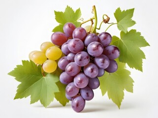 delicious sweet ripe red grapes with leaves on white background
