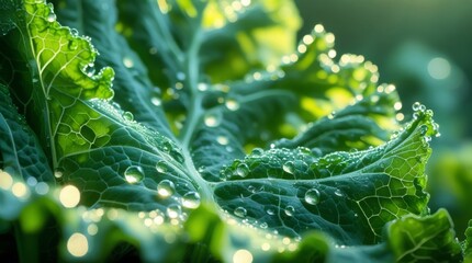 cabbage leaf with drops of dew