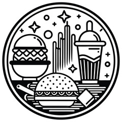 Fast Food Icon Set in Black and White – Burger, Drinks, Desserts, Pizza, and Snacks Vector