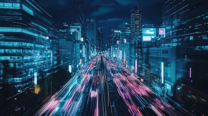 Fototapeta premium Dynamic Nighttime Cityscape with Light Trails and Urban Architecture in a Modern Metropolis