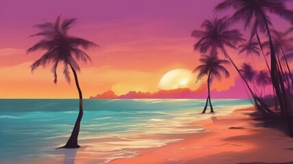 sand palm trees beach and purple sunset
