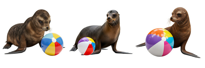 Naklejka premium Sea Lions Playing with Beach Balls Transparent Background