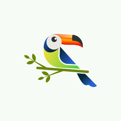 Fototapeta premium Rainforest Bird design, colorful toucan bird sitting on branch vector illustration, flat tropical bird logo design for branding and decoration