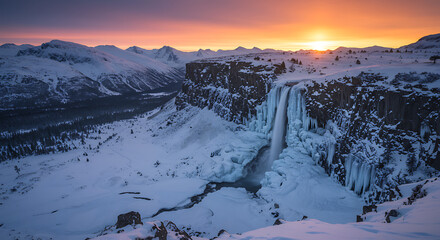Frosty Mountain with Frozen Waterfall at Horizon