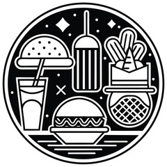 Fast Food Icon Set in Black and White – Burger, Drinks, Desserts, Pizza, and Snacks Vector