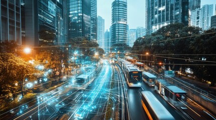 Naklejka premium Dynamic Urban Traffic Scene with Light Trails and Modern Skyscrapers in a Busy City Landscape
