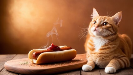 ginger cat sits next to a hot dog